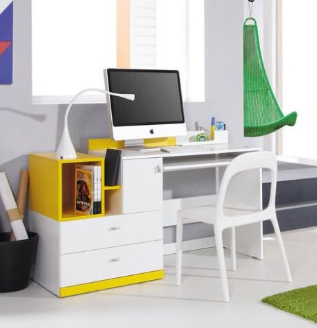 Office Computer desk white lux/yellow color with drawers and keyboard tray.