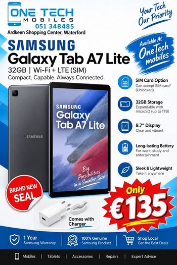 Samsung Galaxy Tab A7 Lite 32GB WiFi + LTE/5G | microSD Support | Brand New Sealed | 1-Year Samsung Warranty