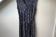 Hobbs London Sleeveless Shift Dress | Navy Blue &amp; White Abstract Stripe Print Midi With Tie Belt