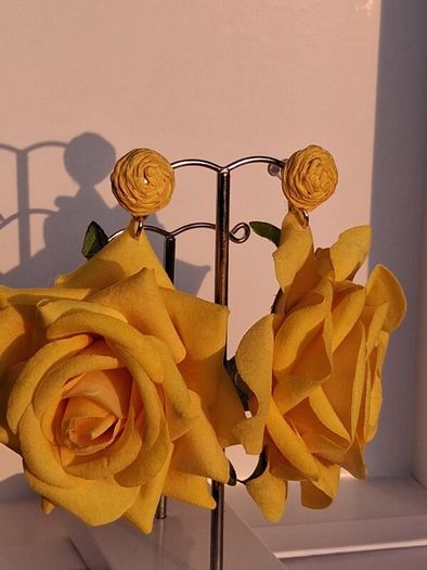 Realistic Yellow Extravagant Rose with Raffia Woven Stud Earrings