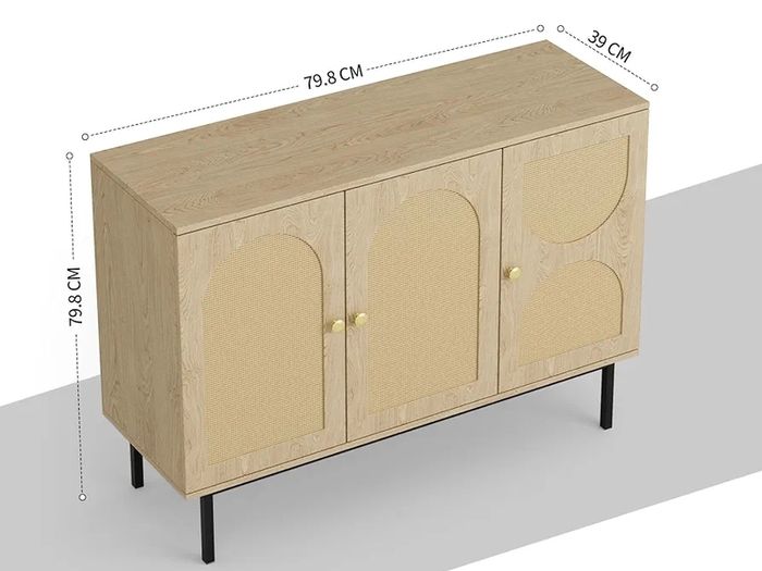 Sideboard Storage Cabinet, Kitchen Cupboard Storage with 3 Doors, Rattan Buffet Cabinet for Living Room, Dining Room, Kitchen, Hallway
