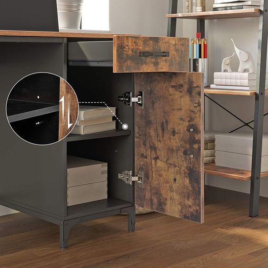 _Desk, Table, with Drawer and Storage Cupboard, for Office, Living Room, Bedroom, Simple Assembly, Metal, Industrial Style, Rustic Brown