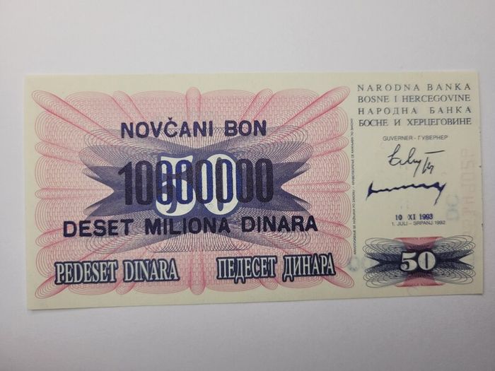 Bosnia - Herzegovina  100,000-100.000,000 Dinara, 1992-1994, 6 notes