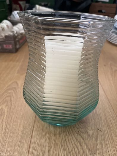 Large 8.5" tall flarred scalloped Aqua Glass Candle Holder or Vase with LED Candle