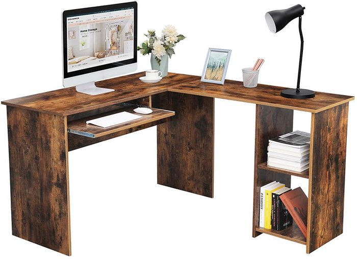 _Corner, L-Shaped Computer Table, with 2 Tier Storage Shelf, Keyboard Stand, for Desk, 140 x 120 x 75 cm, Rustic Brown