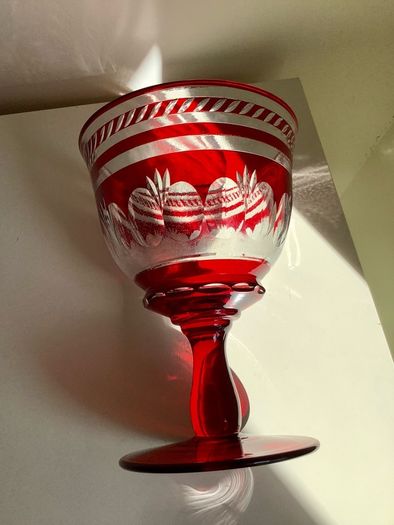 Vintage Bohemian Ruby Flash Cut Crystal Glass Pedestal Bowl