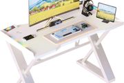 120 x 55 cm Gaming Desk with LED Lights, Gaming Table Thickened Z Shaped, Gamer Desk with Carbon Fiber Coated, Gaming PC Desk, Computer Desk Easy to Assemble, White