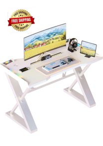 120 x 55 cm Gaming Desk with LED Lights, Gaming Table Thickened Z Shaped, Gamer Desk with Carbon Fiber Coated, Gaming PC Desk, Computer Desk Easy to Assemble, White