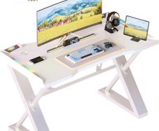 120 x 55 cm Gaming Desk with LED Lights, Gaming Table Thickened Z Shaped, Gamer Desk with Carbon Fiber Coated, Gaming PC Desk, Computer Desk Easy to Assemble, White