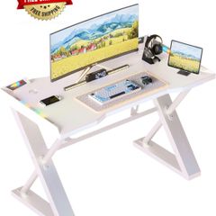 120 x 55 cm Gaming Desk with LED Lights, Gaming Table Thickened Z Shaped, Gamer Desk with Carbon Fiber Coated, Gaming PC Desk, Computer Desk Easy to Assemble, White