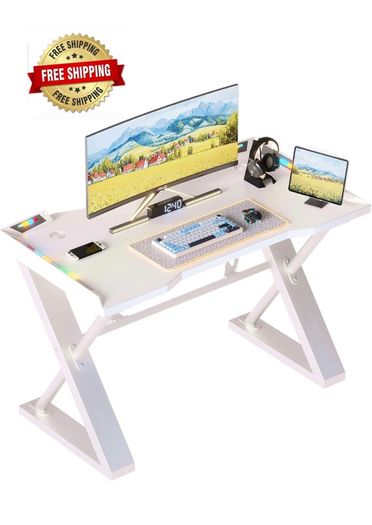 120 x 55 cm Gaming Desk with LED Lights, Gaming Table Thickened Z Shaped, Gamer Desk with Carbon Fiber Coated, Gaming PC Desk, Computer Desk Easy to Assemble, White
