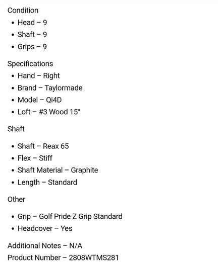 Taylormade Qi4D #3 Wood 15 Degree / Reax 65 Stiff