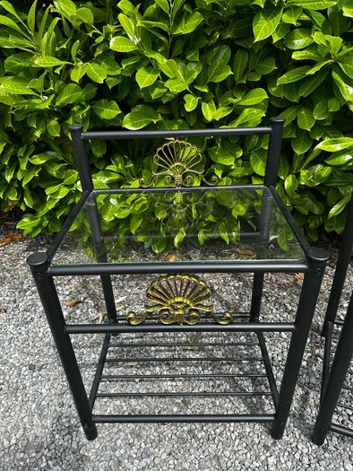 2 Regency Hollywood bedside tables black and gold with a glass top in perfect condition. W530 D409 H750
