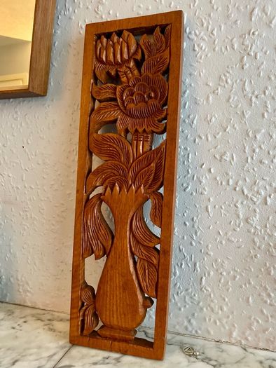 Hand Carved Long Balinese Wooden Sunflower Floral Relief Wall Art Decor Panel