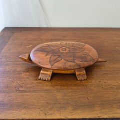 Vintage Solid Wood Hand Carved Turtle Tortoise Jewelry Trinket Dish Box