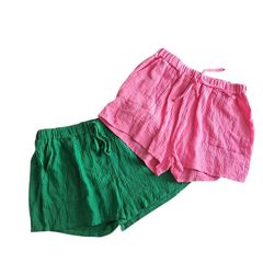 Pink and Green plisse drawstring Shorts; NEW