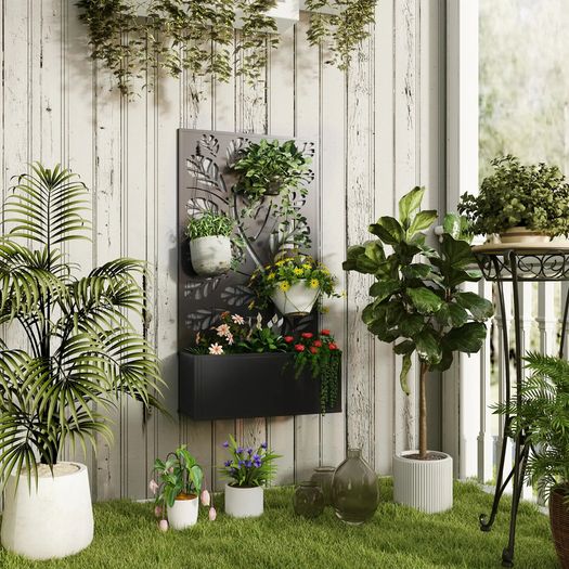 Outdoor Metal Planter, with Back Trellis - Black