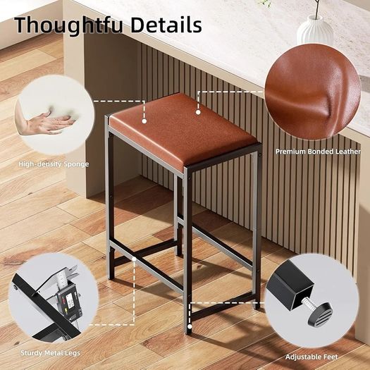 Bar Stools, Bar Chairs, Counter Height Kitchen Counter Stools with Footrests, Synthetic Leather Mid-Century Modern, 25-Inch Tall, for Kitchen, Dining Room, Counter, Cafe