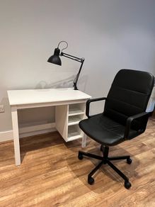 Desk, chair and lamp