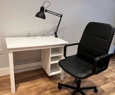 Desk, chair and lamp