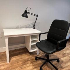 Desk, chair and lamp