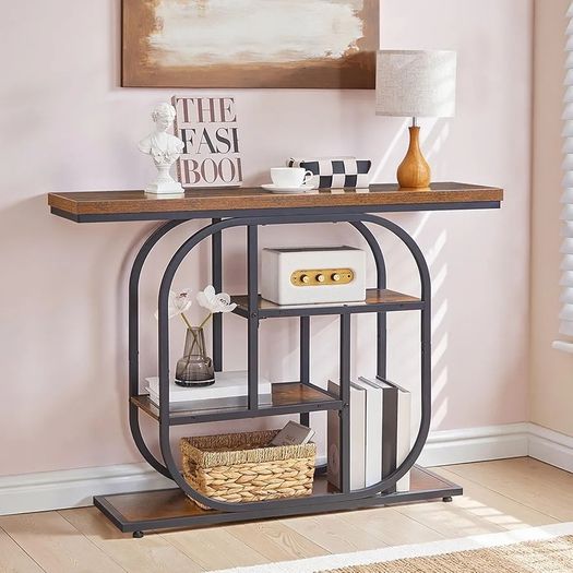 Narrow Console Table for Hallway, 110 cm Hallway Table, 4-Tier Industrial Display Table with Storage, Geometric Frame, for Entryway, Foyer, Living Room, Bedroom, Rustic Brown