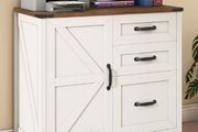 31 Inch Lateral Filing Cabinet with 1 Door &amp; 3 Drawers, Wood Farmhouse Home Office Printer Stand, Rustic White for A4/Letter Suspension Files