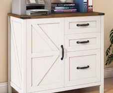 31 Inch Lateral Filing Cabinet with 1 Door & 3 Drawers, Wood Farmhouse Home Office Printer Stand, Rustic White for A4/Letter Suspension Files