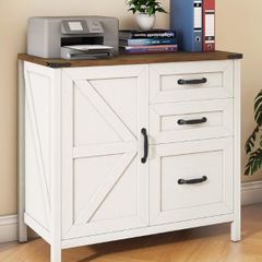 31 Inch Lateral Filing Cabinet with 1 Door & 3 Drawers, Wood Farmhouse Home Office Printer Stand, Rustic White for A4/Letter Suspension Files