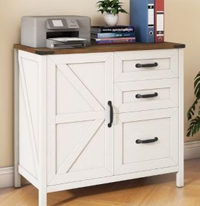 31 Inch Lateral Filing Cabinet with 1 Door & 3 Drawers, Wood Farmhouse Home Office Printer Stand, Rustic White for A4/Letter Suspension Files