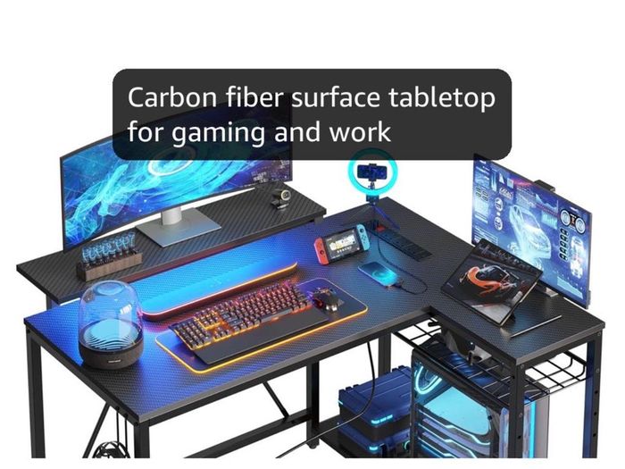 106.5CM L-Shaped Gaming Desk with RGB LED Lights Carbon Fibre Surface, 3 Power Outlets & 2 USB Ports, Reversible Corner Desk with Shelves & Hooks for Home Office & Small Spaces