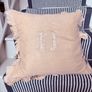 New bespoke 100% linen frill French monogram D cushion in blush with feather insert Image 10