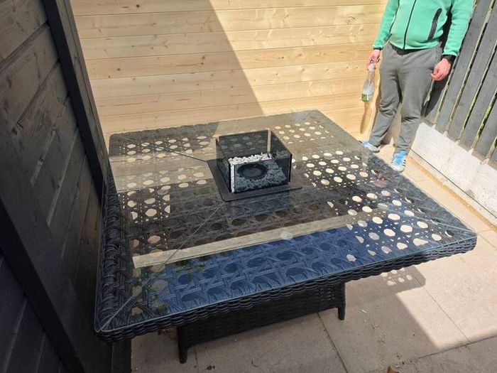 Rattan garden corner sofa with rattan gas firepit table