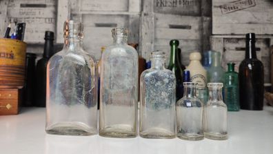 262 - Set of 5 Cork Top Vintage Universal Medicine Chemicals Clear Glass Decorative Collectible Bottles