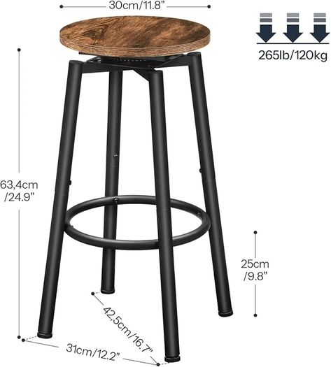 360 Swivel Bar Stools Set of 2, Round Kitchen Breakfast Stools, Bar Chairs with Footrest, for Kitchen Islands, Cafe, Counter, Rustic Brown and Black
