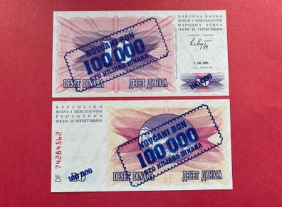 Bosnia  Hercegovina 100,000 Dinara 1993   (UNCIRCULATED ) Overprint On 10 Dinara  )