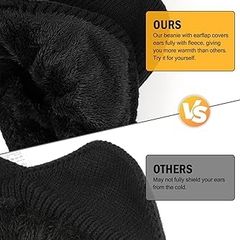 Beanie with Brim and Ear Flaps, Windproof Fleece Lined Knit Winter Hat, Warm Outdoor Mens Wooly Hats, Gifts for Dad