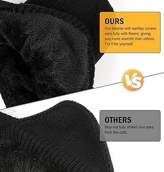 Beanie with Brim and Ear Flaps, Windproof Fleece Lined Knit Winter Hat, Warm Outdoor Mens Wooly Hats, Gifts for Dad