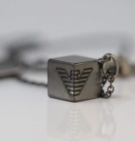 Emporio Armani Men's Gunmetal Statement Necklace Cube Pendant