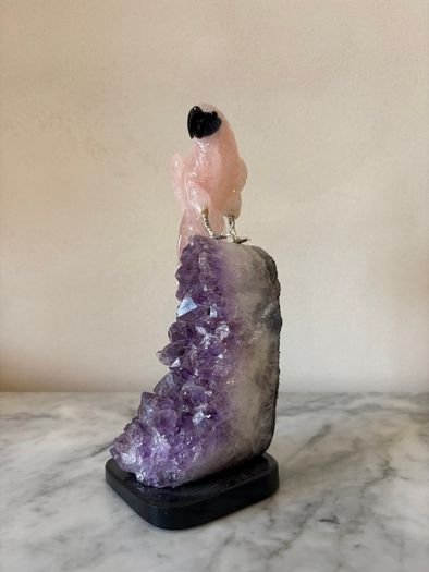 Rose Quartz Parrot on Large Amethyst Geode Cluster Base