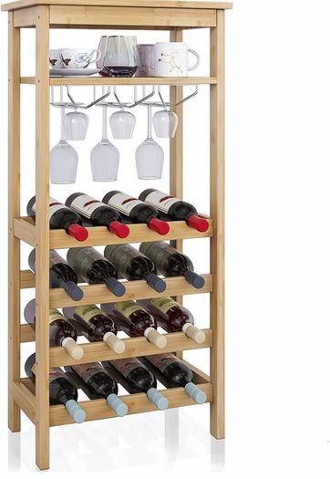 Wine Rack with Glass Holder & Table Top, 16 Bottles Storage, Floor Free Standing Bamboo Display Shelves for Home, Kitchen, Pantry, Cellar, Bar (MULTIPLE COLOURS)