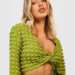 PrettyLittleThing Olive Green Popcorn Knit Crop Top