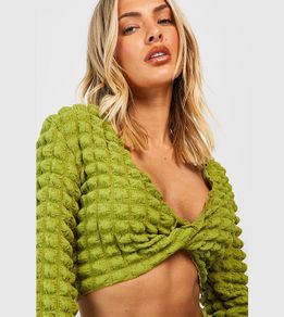 PrettyLittleThing Olive Green Popcorn Knit Crop Top