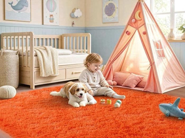 Orange Rugs for Bedroom 120x160 cm Fluffy Shaggy Beside Rug Non-Slip, Soft High Pile Modern Floor Carpet for Living Room Lounge Playroom Kids Girls Room
