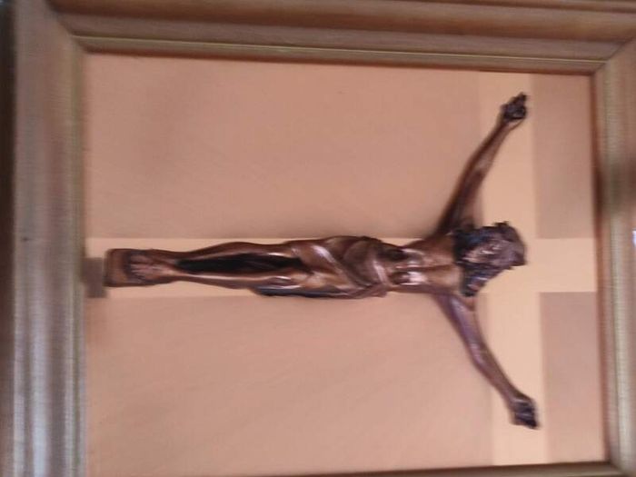 Framed copper crucifix - the copper figure of Christ, set against a copper mount,