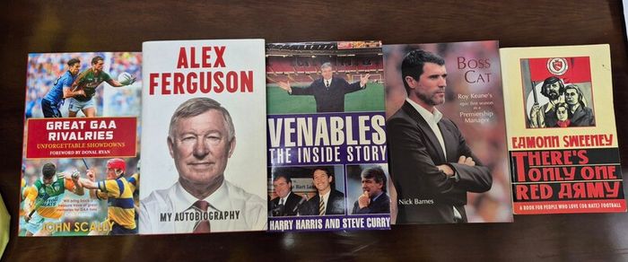 Five sports books, There's only one red army, Great GAA rivalries, Alex Ferguson, Venables the inside story, Boss Cat