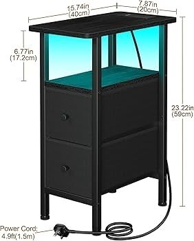 Slim Bedside Table with Charging Station, Narrow Side Table with LED Lights, Small End Table with 2 Fabric Drawers, Nightstand for Small Spaces, Living Room, Bedroom, Black