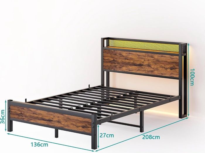 4ft6 Double Bed Frame with LED Lights&Charging Station,Brown Metal Platform Bed with Storage Headboard, Mattress Foundation, Metal Slat Support ,No Box Spring Needed,Under-bed Storage