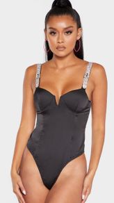 Black Diamante Strap V Bar Bodysuit size 12UK