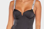 Prettylittlethings Black Diamante Strap V Bar Bodysuit size 12UK